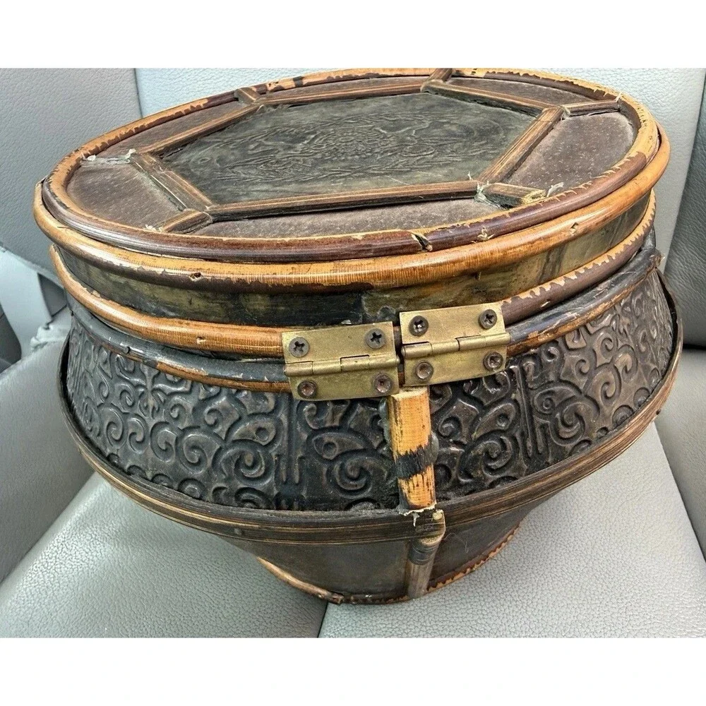 VTG 1890 Antique Wedding Basket From Rattan & Cane Carved Brass Band And Lock